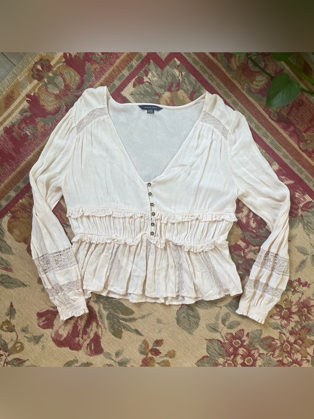 American Eagle Cream Ruffled Button-Front Peasant Top